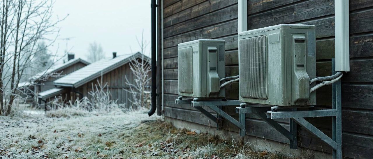 Row of cold-climate heat pump outdoor units on wall brackets in winter light