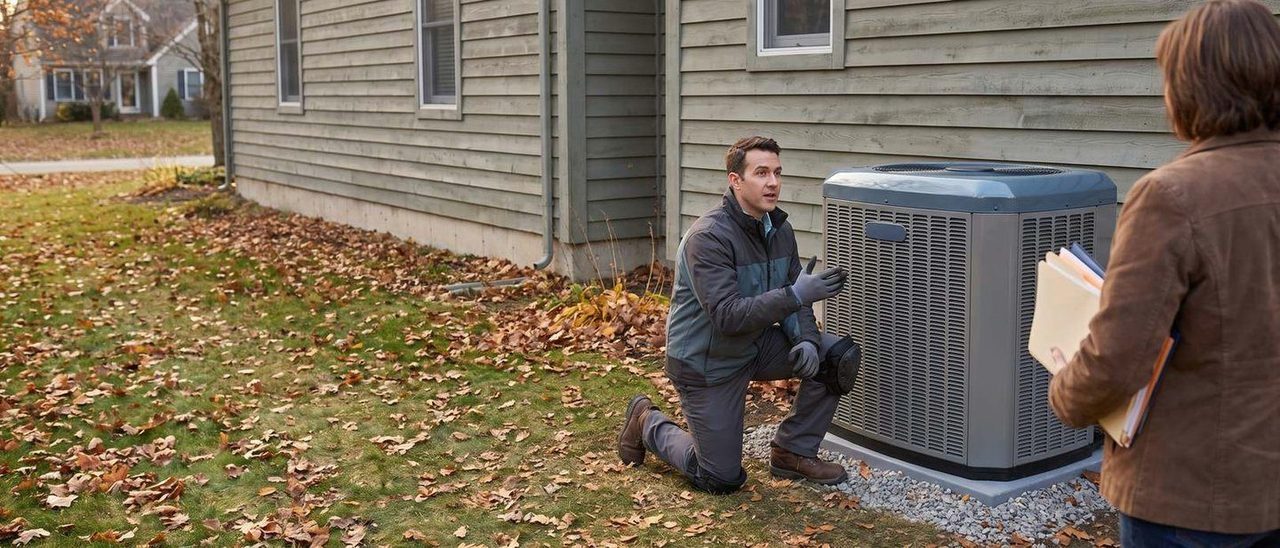 Heat pump installer explaining the outdoor unit to a homeowner in a driveway