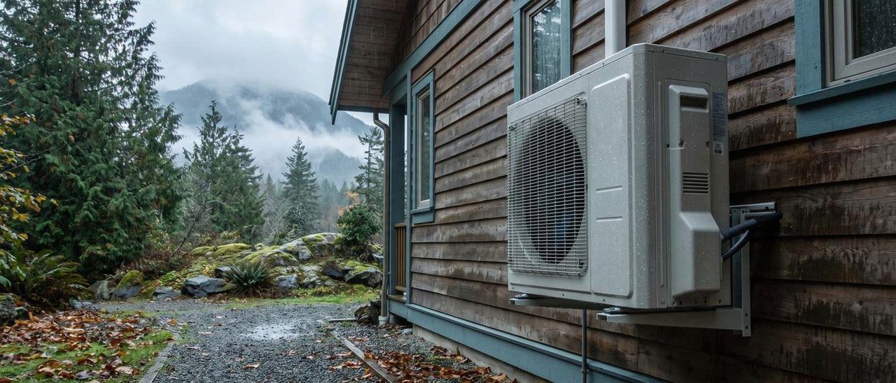 Heat pump outdoor unit on the side of a wooden house with mountains and evergreens behind