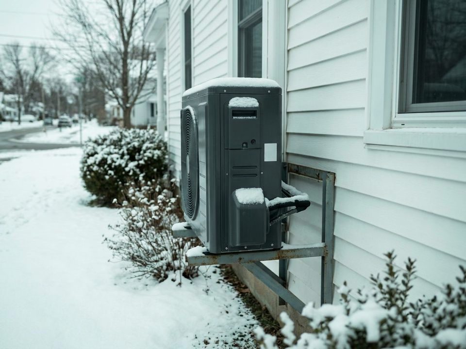 Cold-climate heat pump outdoor unit on a wall bracket beside a clapboard house in light snow, the kind of install Wisconsin heat pump rebates help pay for