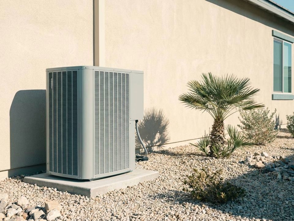 Heat pump outdoor unit on a pad beside a stucco home in the sun, the kind of install Texas heat pump rebates help pay for
