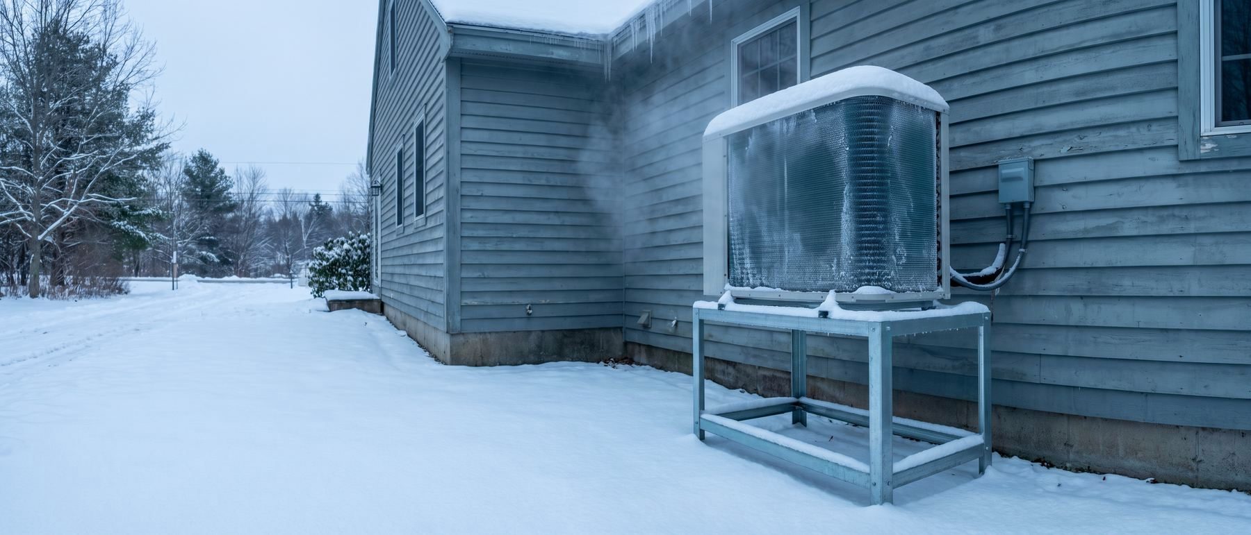 Correctly sized heat pump outdoor unit running beside a house in fresh snow