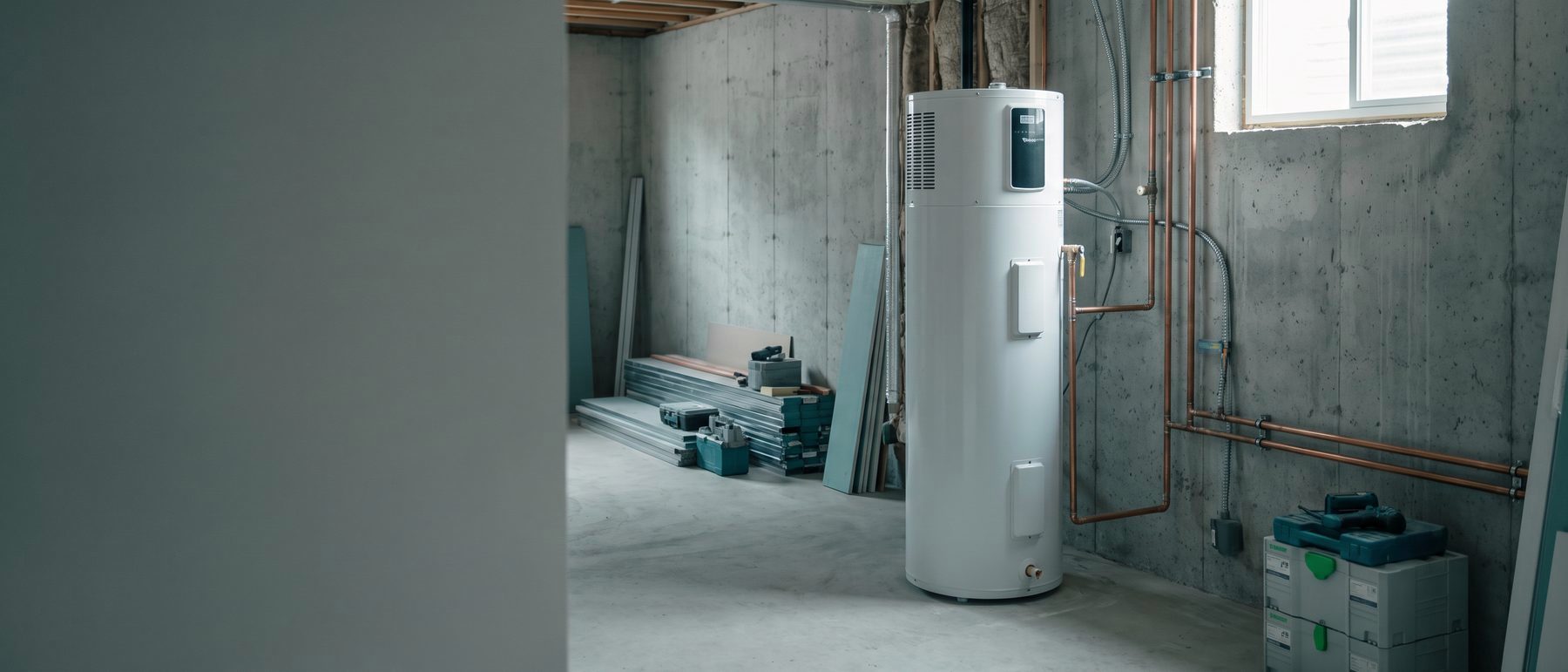 Heat pump water heater tank standing in a clean basement utility corner