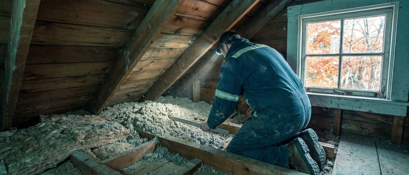 Energy specialist checking attic insulation depth during a Mass Save home energy assessment
